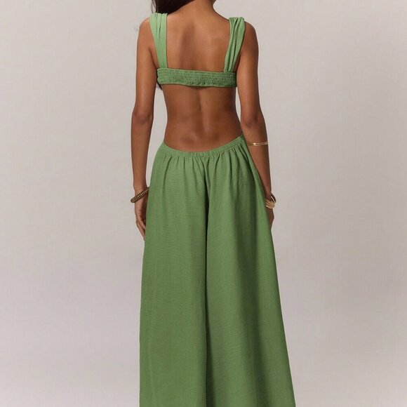 Army Green Casual Women's Boho Ruched Bust Extreme Wide Leg Jumpsuit - Picture 2 of 5